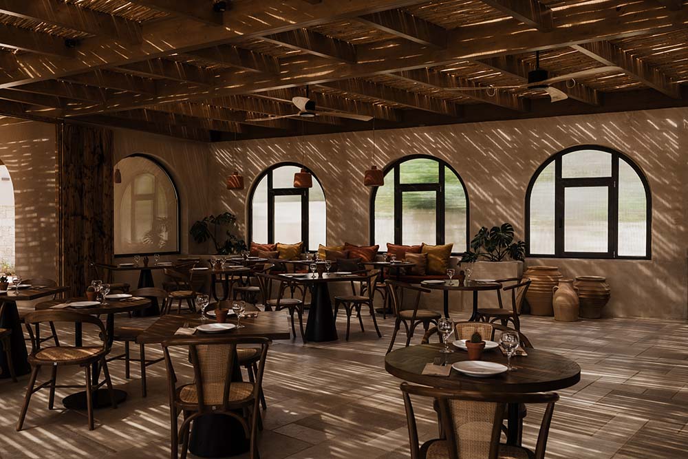 Momi Slow Living Hotel · Elia Restaurant – Innenraum mit Rundbogenfenstern
