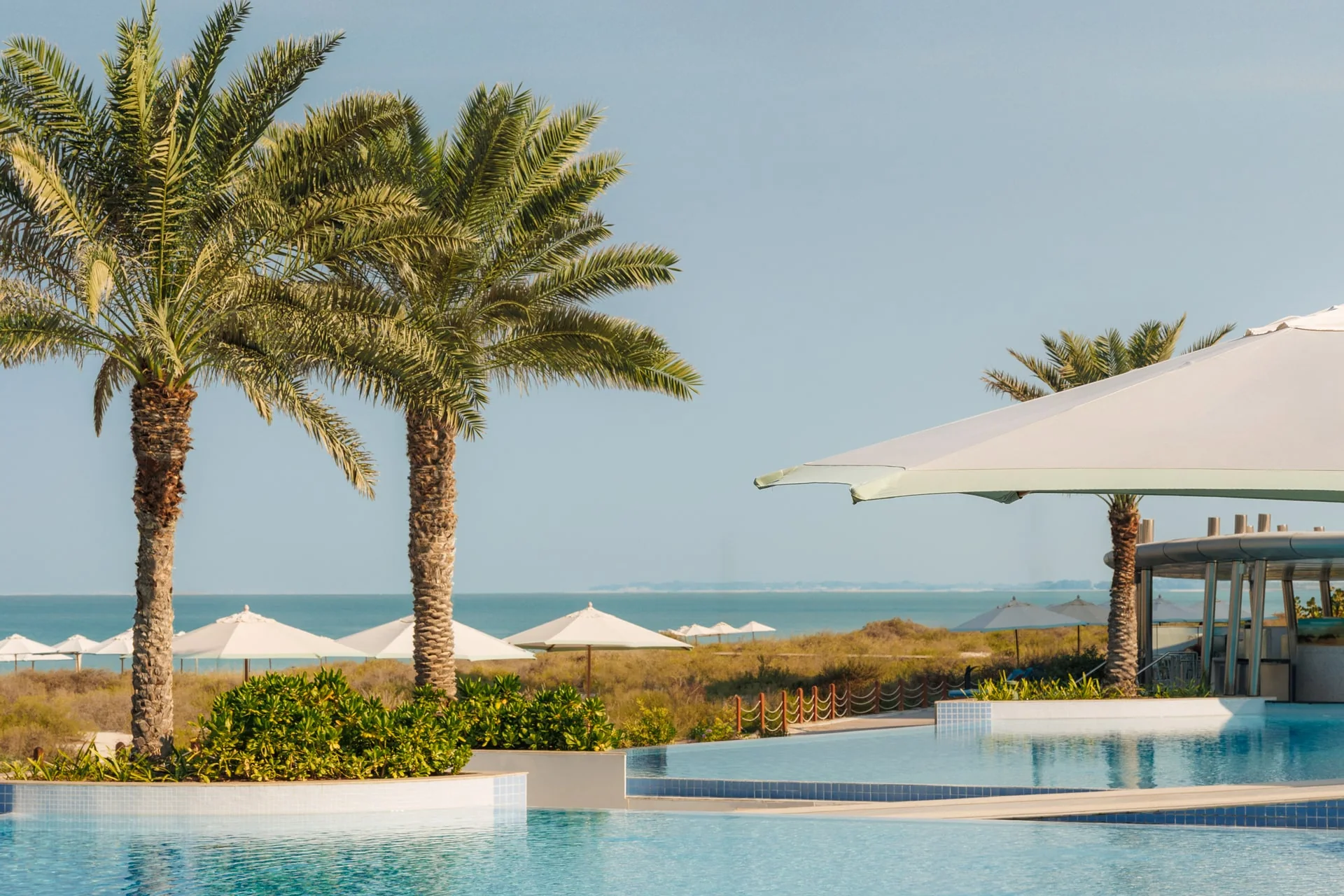 Jumeirah Saadiyat Island · Pool vor der geschwungenen Resortfassade