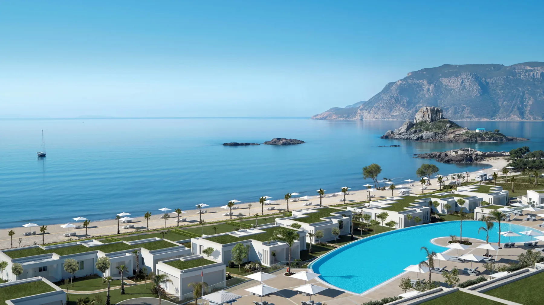 Strand und Bucht vor dem Ikos Aria auf Kos