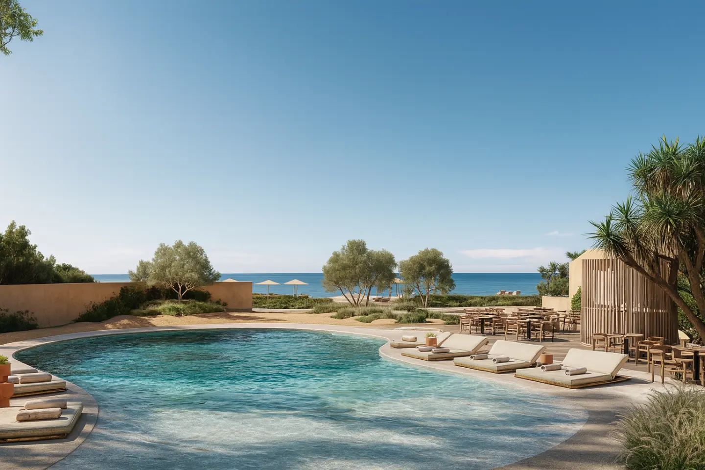 Pool und Meer beim Nissos Dunes auf Korfu
