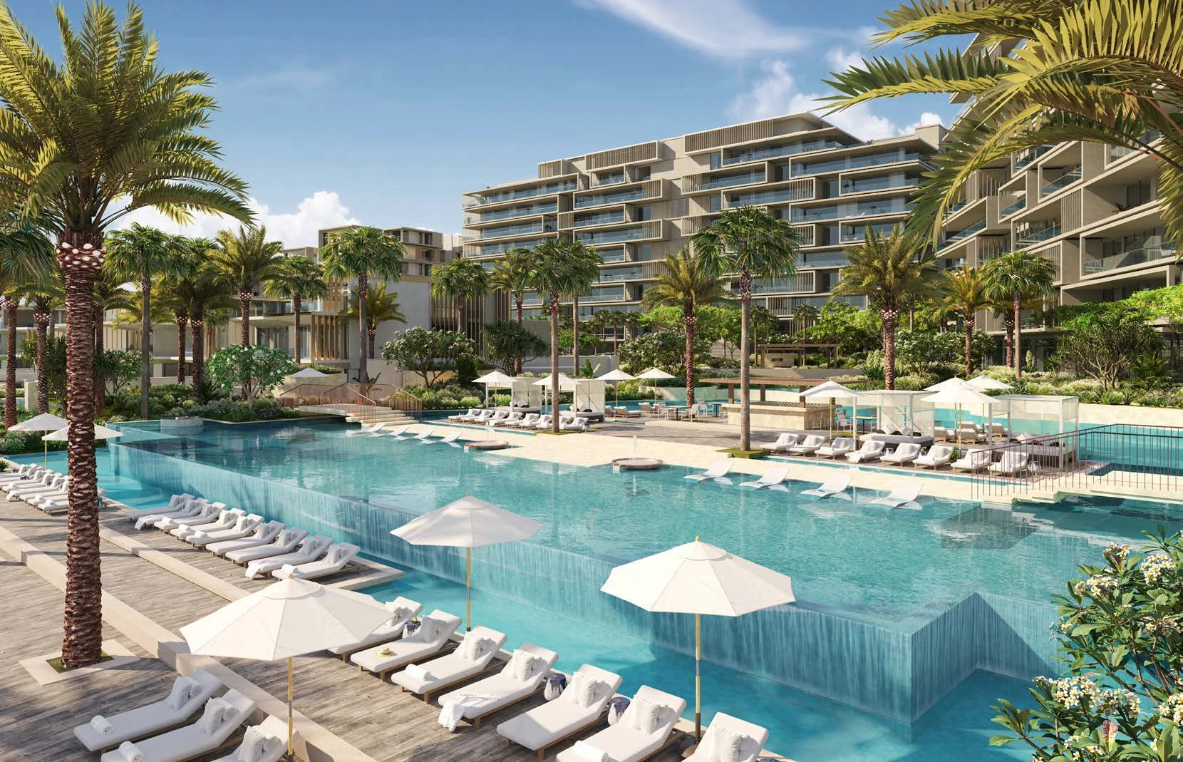 Offizielle Visualisierung: Resortpool mit Palmen und Liegen